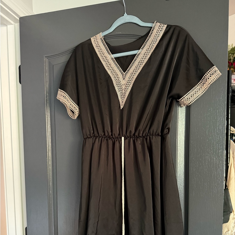 Boho Black Dress with Crochet Trim & Tassel